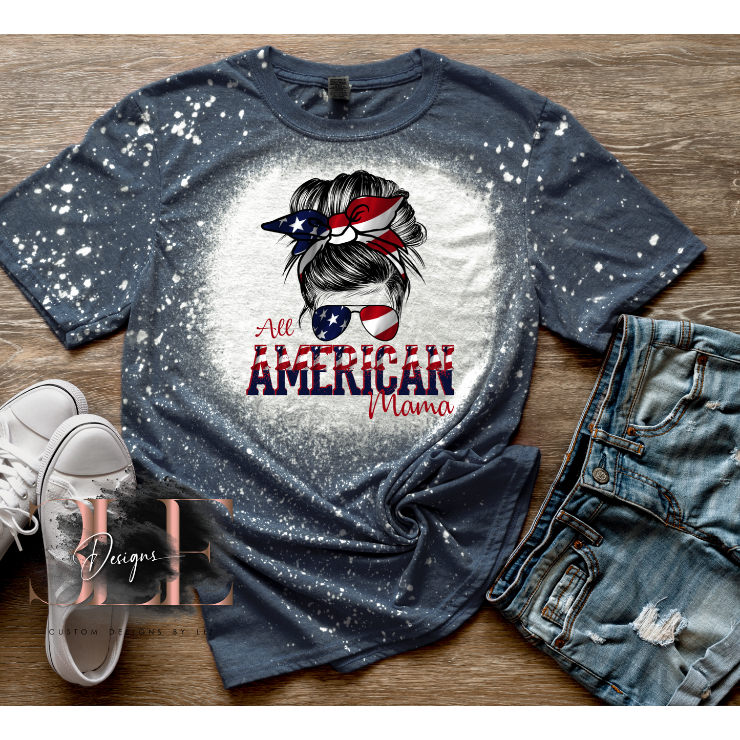 All American Mama Bleached Tie-Dye T-Shirt, Patriotic Shirt, Cute Bleached America Shirt, 4th of July Shirt, Gift For Women, Cute Mama Shirt