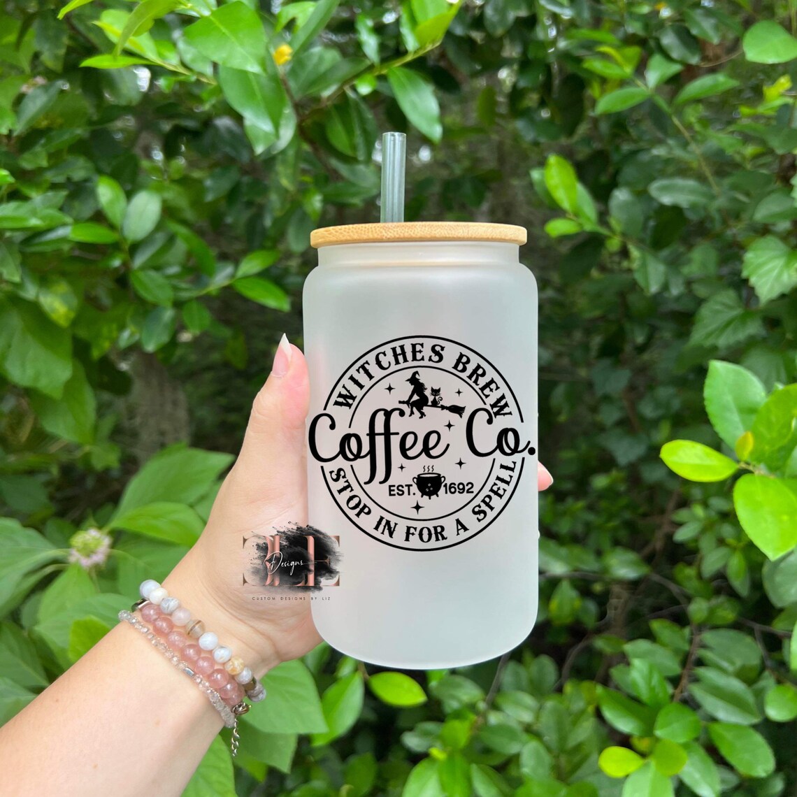 Witches Brew Frosted Glass Cup With Bamboo Lid and Straw, Funny Halloween Gift Idea,Funny Halloween Cup, Cute Glass Tumbler for Ice Coffee