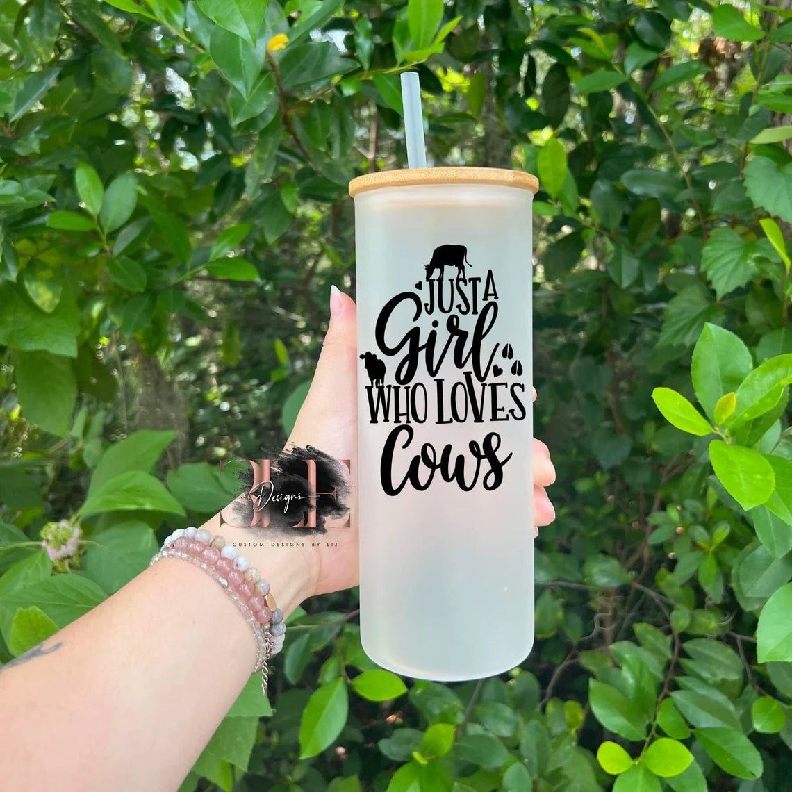 Just A Girl Who Loves Cows Frosted Glass Tumbler With Bamboo Lid, Cute Cow Cup, Crazy Cow Lady Tumbler, Cute Cow Cup, Cute Gift For Friend