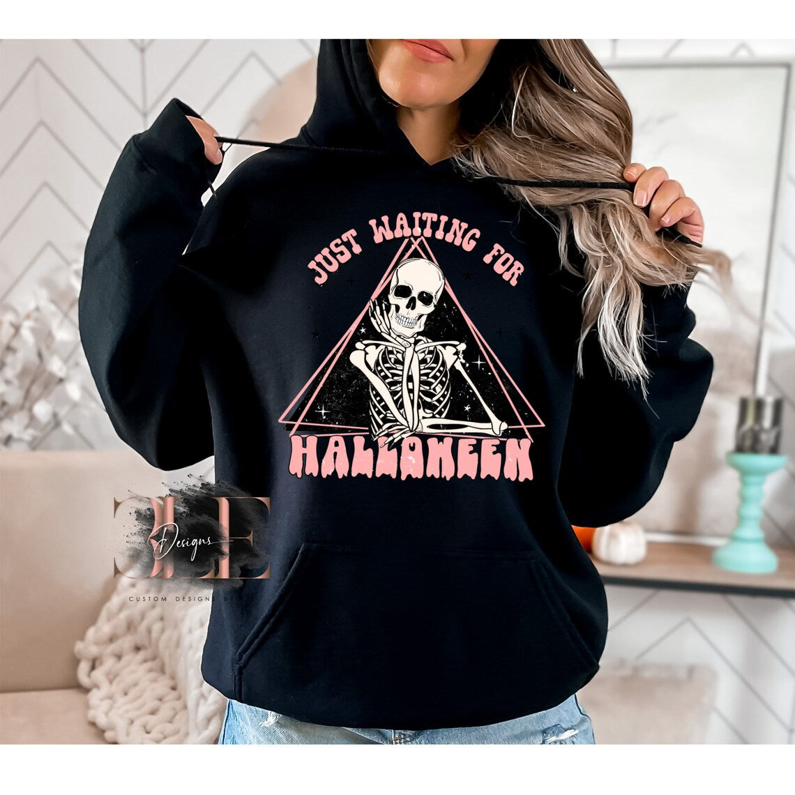 Just Waiting On Halloween Hoodie, Cute Halloween Hoodie, Skeleton Hoodie For Halloween, Woman's Halloween Skeleton Pullover Hoodie