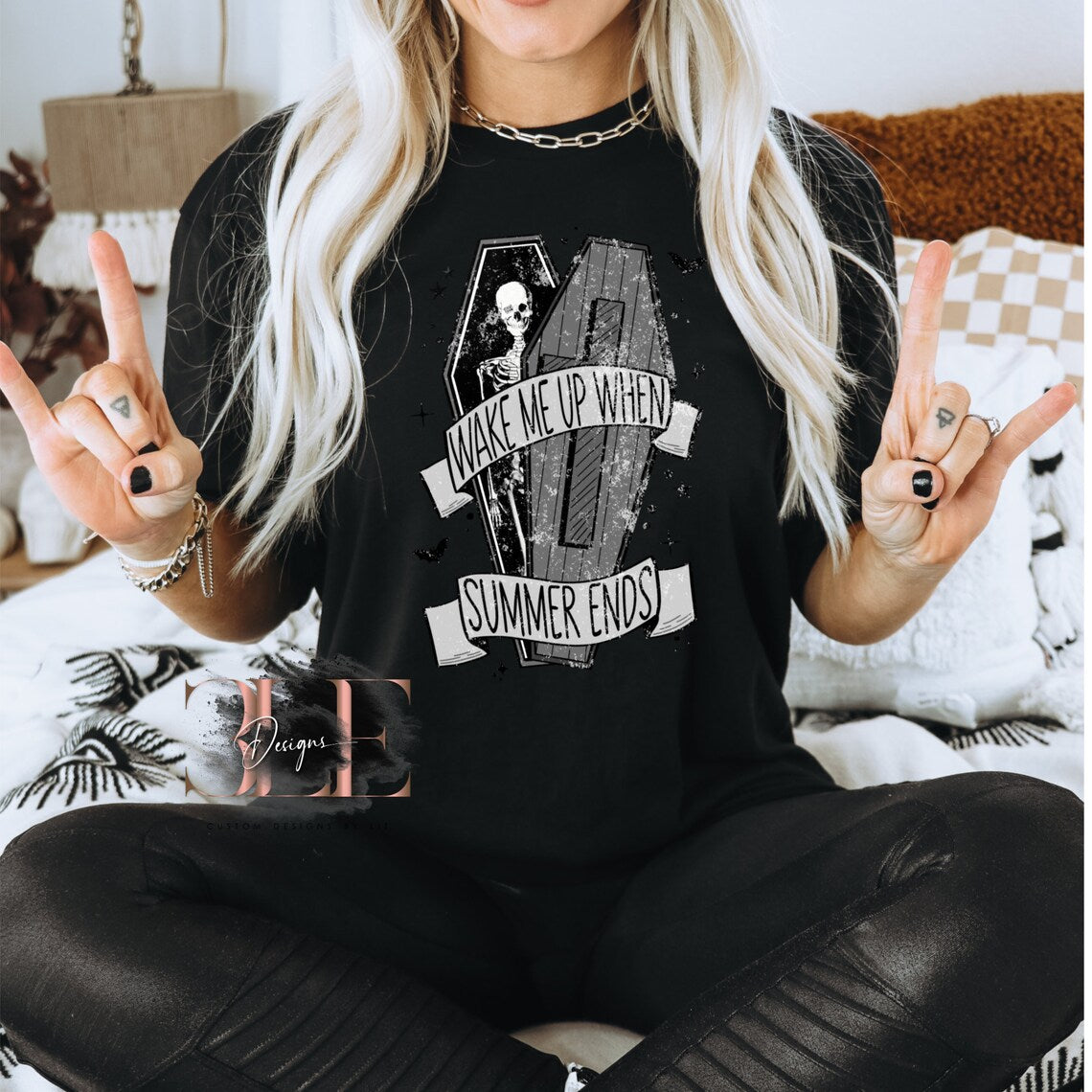 Wake Me Up When Summer Ends Halloween Shirt for Women, Halloween Tee, Skeleton Halloween Shirt, Gift Ideas For Women, Cute Halloween Shirt
