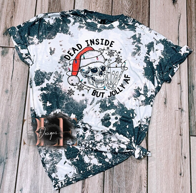 Dead Inside But Jolly AF Sublimation Bleached Tshirt, Funny Christmas Office Party Shirt, Skeleton Shirt, Bleached Tie Dye, Gift Idea