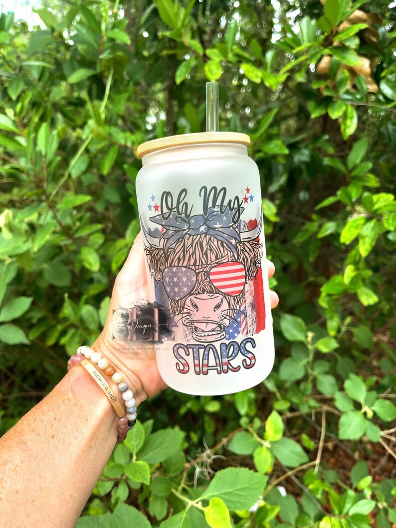 Oh My Stars Patriotic Cup, Cow Lover Cup, Gift For Women, Cow Lover Cup, Glass Cup Bamboo Lid and Straw, Cow Glass Tumbler, Cute Cow Cup