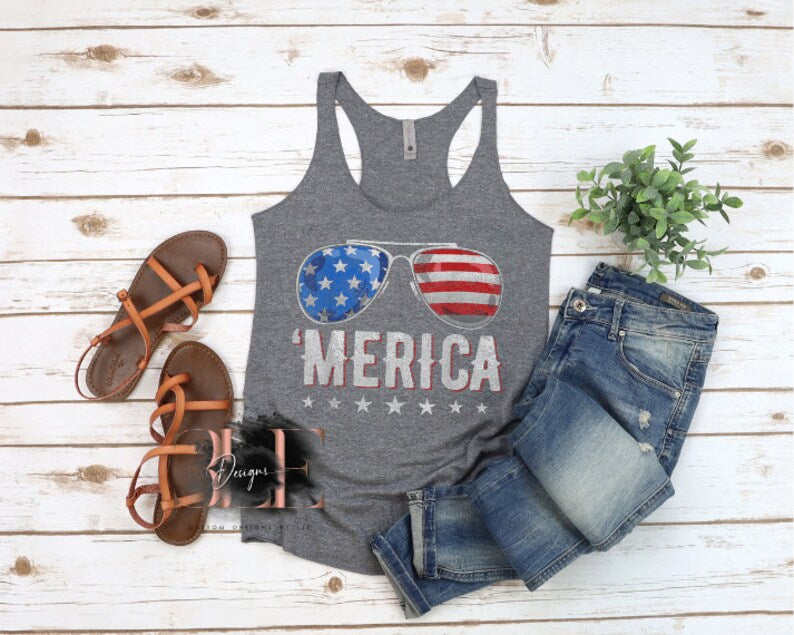 Merica' Sunglasses Tank Top, Proud American Tank for Women, Patriotic Tank Top for Women, Gift For Women, American Graphic Tank, Merica Tank