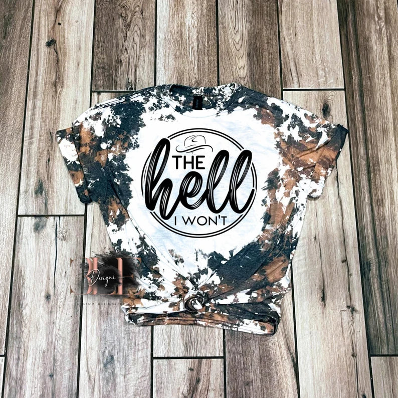 The Hell I Wont Cow Print Bleached T-shirt, Country Girl Shirt Country Bleached Shirt, Country Concert Tee, Cowhide Bleached T-Shirt, Cute