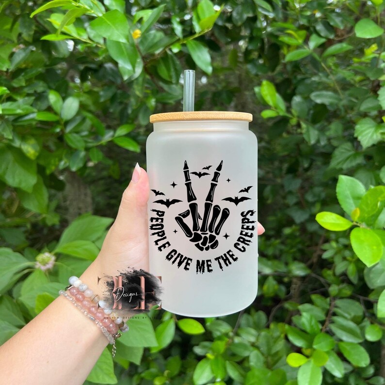 People Give Me the Creeps Glass Cup with Bamboo Lid and Straw, Cute Cup For Ice Coffee, Funny Gift For Friend, Cup With Funny Saying