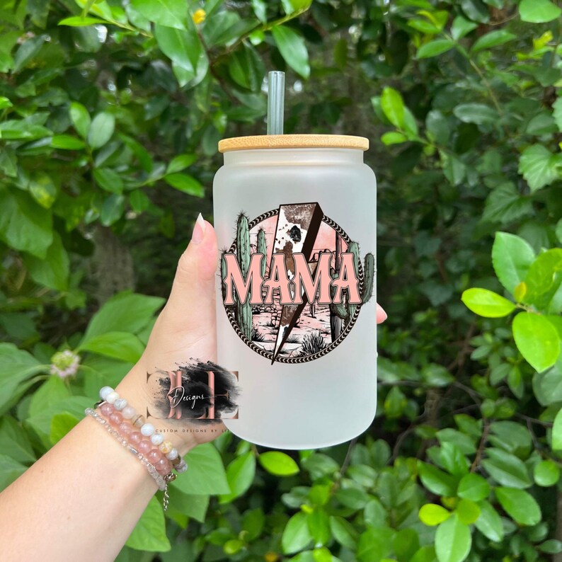 Country Mama Frosted Glass Cup with Bamboo Lid and Straw, Mama Glass Cup Gift Idea for Moms, Cute Gift Ideas for Women, Cup for Ice Coffee