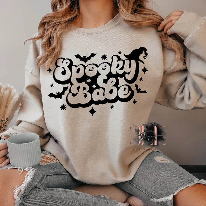 Spooky Babe Oversized Crewneck Sweatshirt For Woman, Halloween Sweater, Spooky Halloween Sweatshirt, Cute Halloween Sweater for Party