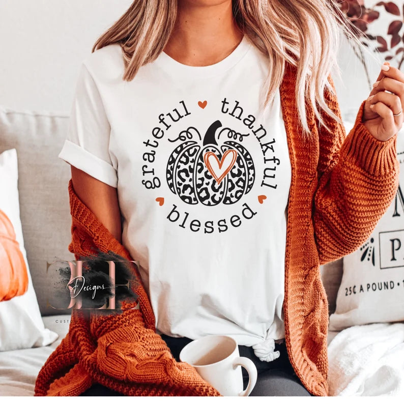 Grateful Thankful Blessed Cute Fall T-shirt, Cute Thanksgiving Shirt for Woman, Cute Fall Party Shirt, Cheetah Pumpkin Tee, Thanksgiving Tee