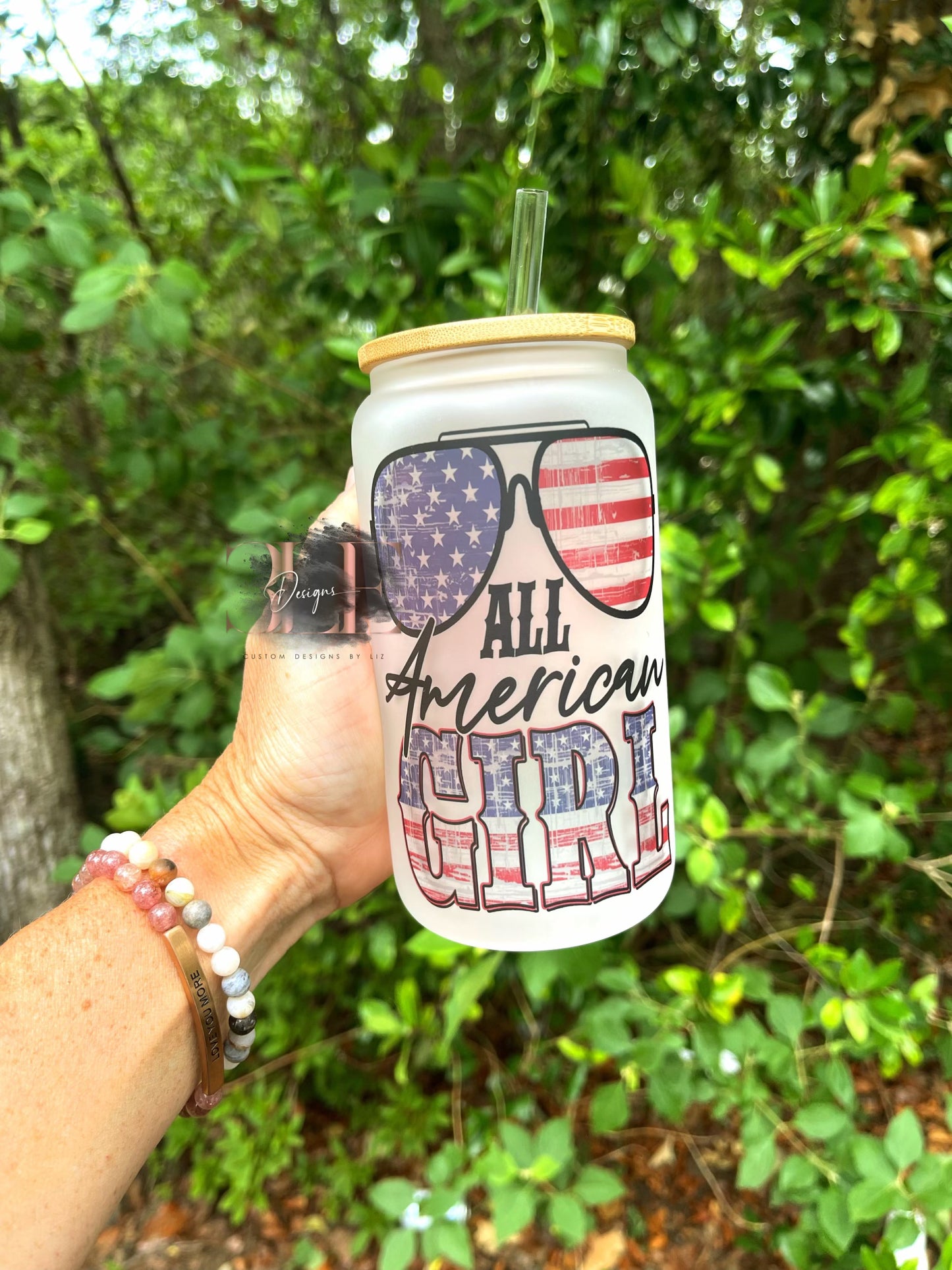 All American Girl Glass Cup With Bamboo Lid and Straw, 4th of July Cup, Memorial Day Party Cup, Glass Tumbler, Gift for Women, Patriotic Cups