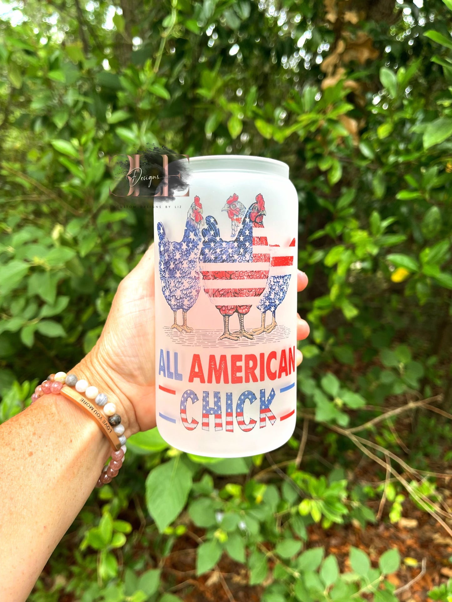 All American Chick Glass Cup, Crazy Chicken Lady Tumbler, Gift for Friend, Chicken Glass Tumbler, Patriotic Chicken Cup, Chicken Gift