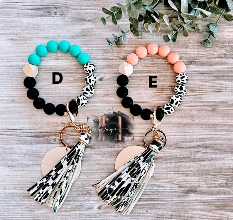 Personalized Wristlets, Keychain, Wood Disc, Silicone Beads, Gift, Mother, Daughter, Bangle, Wallet, Gift For Her, Leopard, Cow, Beach