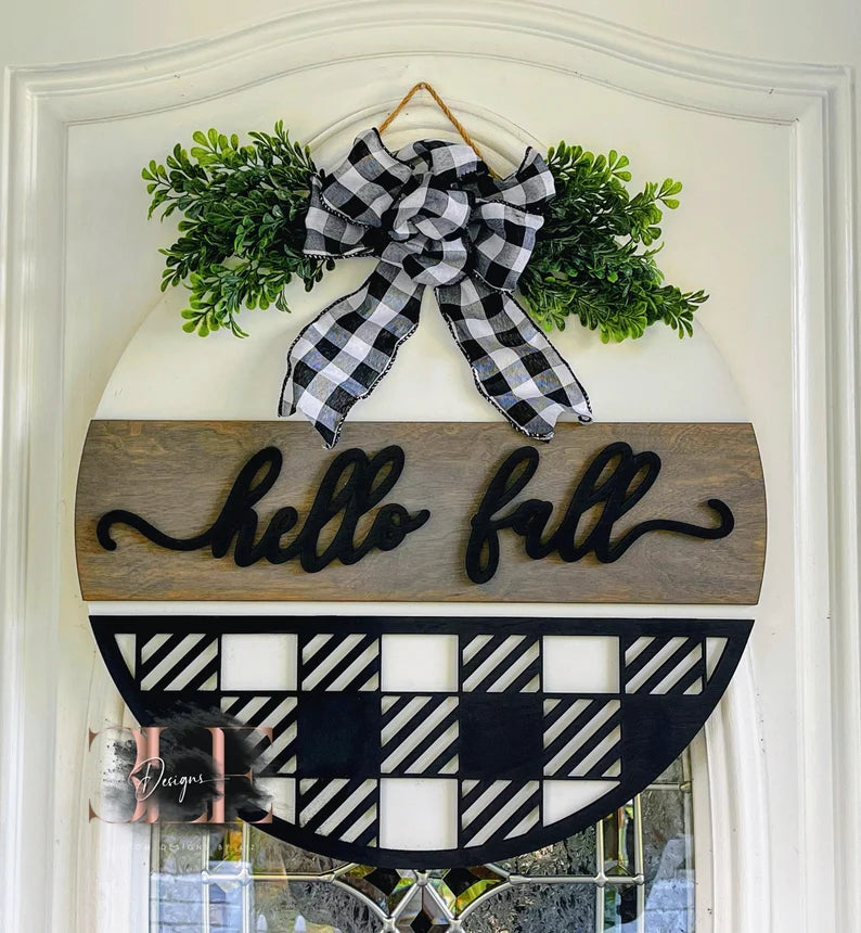 Hello Fall Buffalo Plaid Front Door Hanger, Fall Door Decor Fall Decorations, Fall Door Hanger, Black & White Fall Decorations, Fall Wreath