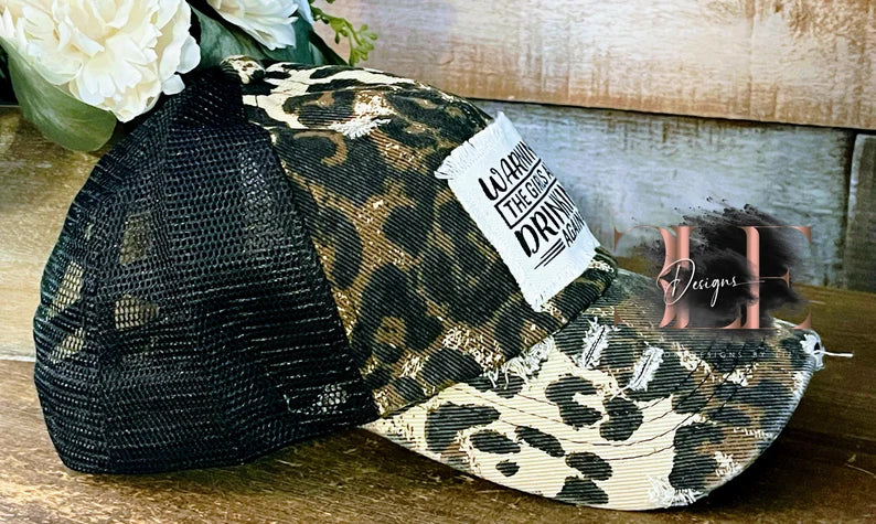 Warning The Girls Are Drinking Again Ripped Truckers Hat, Girls Night Out Hat, Cute Girls Baseball Cap, Ripped Leopard Hat, Girls Trip Hat