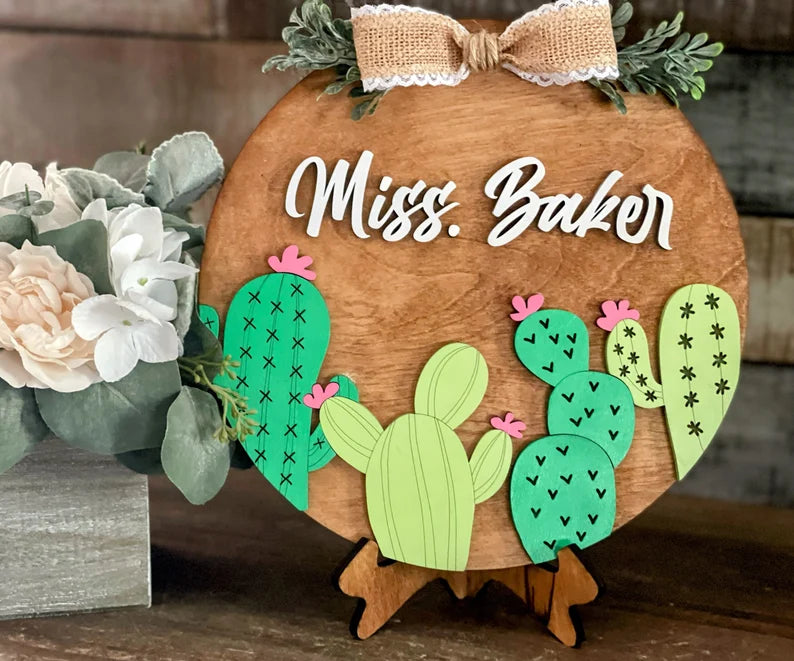 Cactus Teacher Sign, Wooden Sign with Easel, Personalized Sign for Desk, Principle Gift Idea Customized Teacher Sign, Teacher Sign with Name