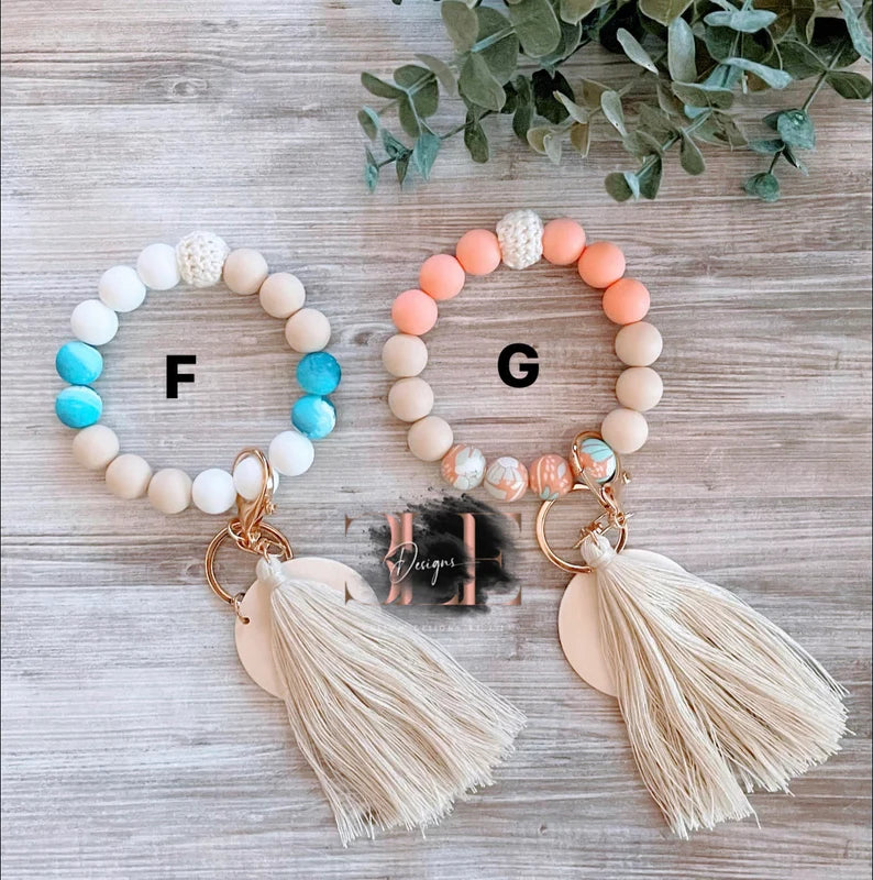 Personalized Wristlets, Keychain, Wood Disc, Silicone Beads, Gift, Mother, Daughter, Bangle, Wallet, Gift For Her, Leopard, Cow, Beach