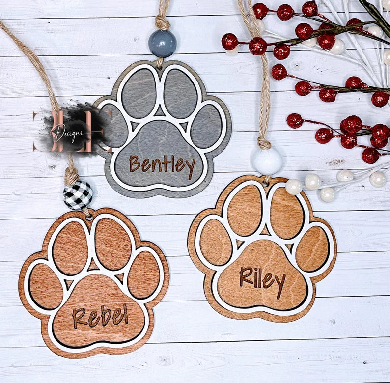 Paw Print Personalized Ornament, Custom Dog Name Tag Ornament, Wooden Ornament With Pet Name, Dog Lover, Gift For Dog Owners, Paw Print Name