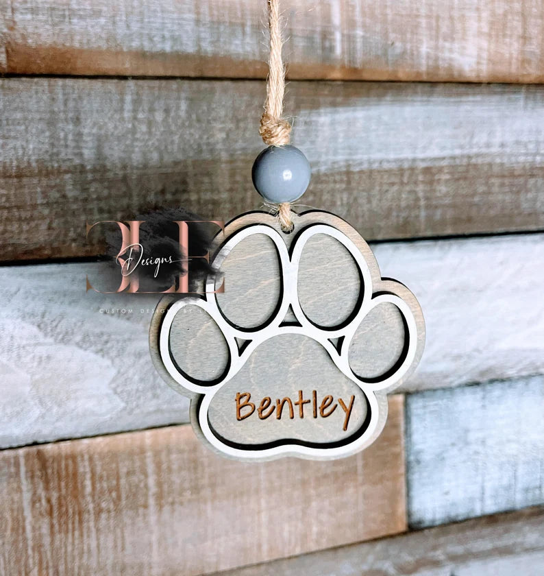 Paw Print Personalized Ornament, Custom Dog Name Tag Ornament, Wooden Ornament With Pet Name, Dog Lover, Gift For Dog Owners, Paw Print Name
