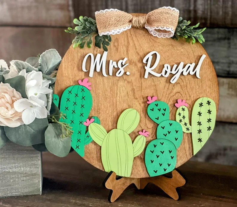 Cactus Teacher Sign, Wooden Sign with Easel, Personalized Sign for Desk, Principle Gift Idea Customized Teacher Sign, Teacher Sign with Name