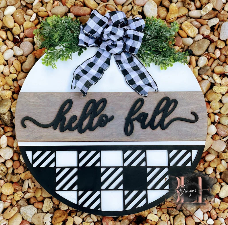 Hello Fall Buffalo Plaid Front Door Hanger, Fall Door Decor Fall Decorations, Fall Door Hanger, Black & White Fall Decorations, Fall Wreath