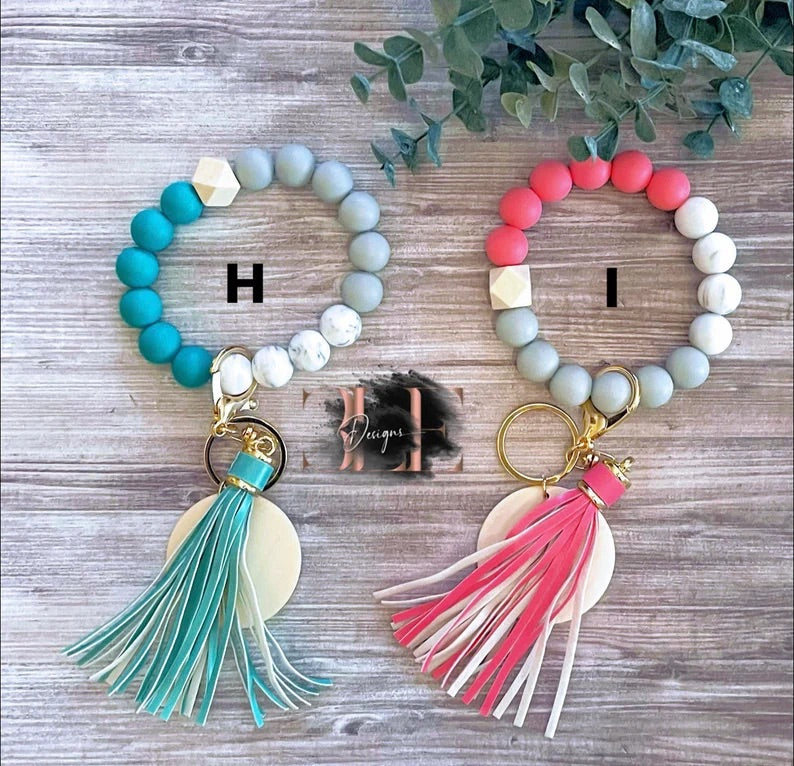 Personalized Wristlets, Keychain, Wood Disc, Silicone Beads, Gift, Mother, Daughter, Bangle, Wallet, Gift For Her, Leopard, Cow, Beach