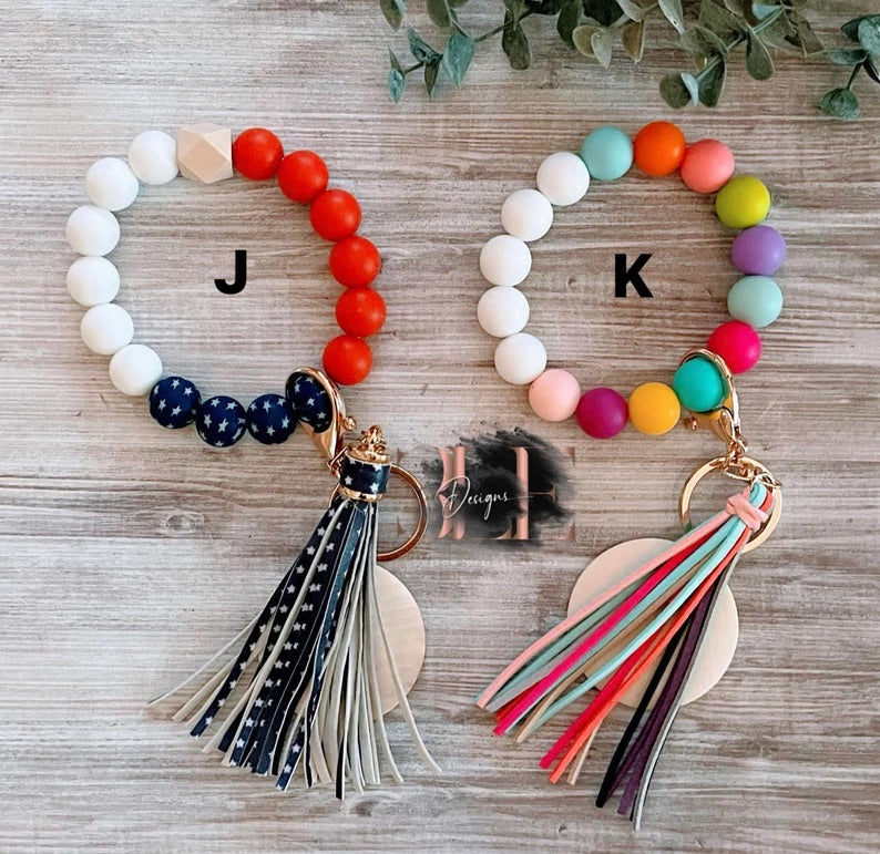 Personalized Wristlets, Keychain, Wood Disc, Silicone Beads, Gift, Mother, Daughter, Bangle, Wallet, Gift For Her, Leopard, Cow, Beach