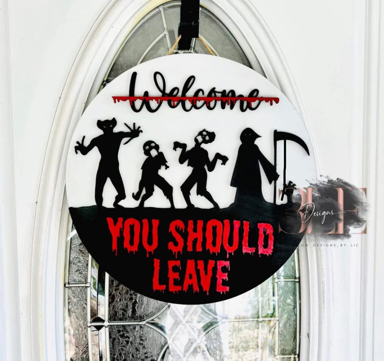 You Should Leave Halloween Door Hanger, Halloween Horror Door Sign, Funny Halloween Door Hanger, Zombie Halloween Wreath, New Home Owner