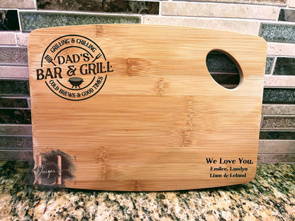 Personalized Dad's Bar & Grill, Engraved Cutting Board, Custom Gift for Men, Father’s Day Gift, Gift for Dad, Gift for Birthday, Anniversary