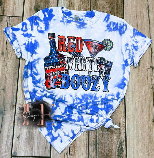 Red White and Boozy Bleached Tie Dye T-Shirt, Fun Party Tee, Cute Bleached Shirt, Gift for Women, 4th of July Party Shirt, Cute Holiday Tee