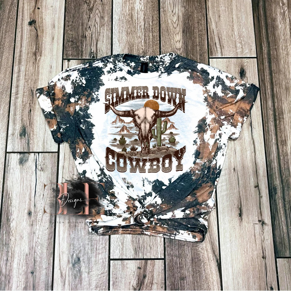 Simmer Down Cowboy Cow Print Bleached Sublimation T-shirt, Tie-Dye Bleached Shirt, Country Girl T-Shirt, Country Clothes, Cow Hide Shirt