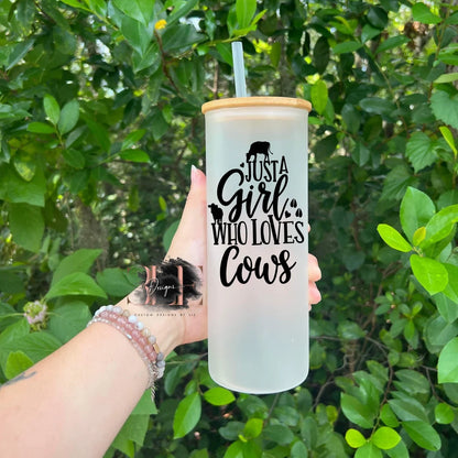 Just A Girl Who Loves Cows Frosted Glass Tumbler With Bamboo Lid, Cute Cow Cup, Crazy Cow Lady Tumbler, Cute Cow Cup, Cute Gift For Friend