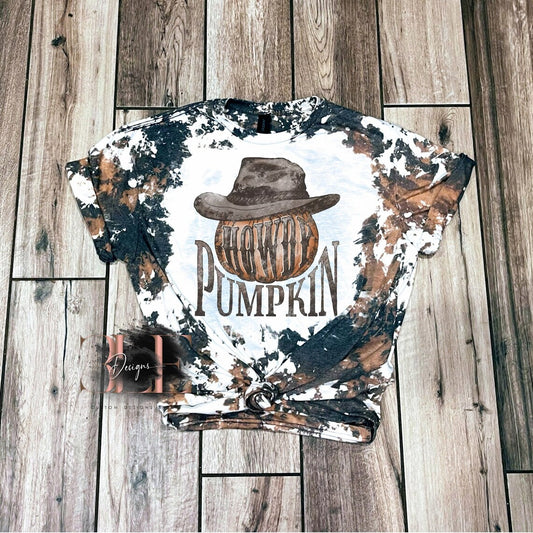 Howdy Pumpkin Cowhide Bleached T-shirt, Cute Cow Print Bleached Shirt, Country Girl Shirt, Fall Tee For Halloween, Bleached Cow Print Tee