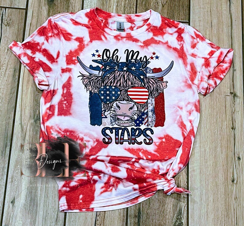 Oh My Stars Bleached Tie Dye T-Shirt, Highland Cow Shirt, Patriotic Tee Custom Shirt, Gift for Women, 4th of July T-shirt, Cow Lover Shirt