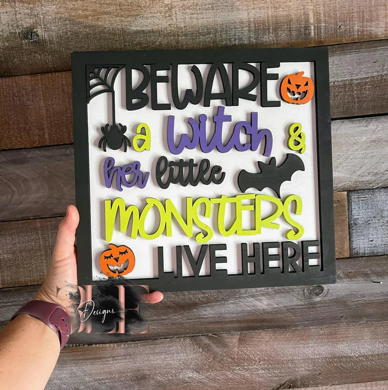 Beware a Witch and Her Little Monsters Live Here Wooden Painted Sign with Easel, Halloween, Halloween Decorations, Witch Decor, Wooden Signs