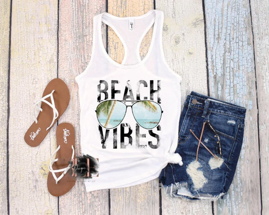 Beach Vibes White Tank Top, Cute Beach Tank, Beach Shirt, Gift for Women, Summer Tank Top, Cute Summer Tank, Beach Party Racerback Tank