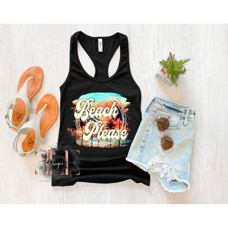 Beach Please Women’s Black Tank Top, Cute Beach Tank, Beach Shirt, Gift for Her, Summer Tank Top, Racer Back Tank, Summertime, Beach Shirt