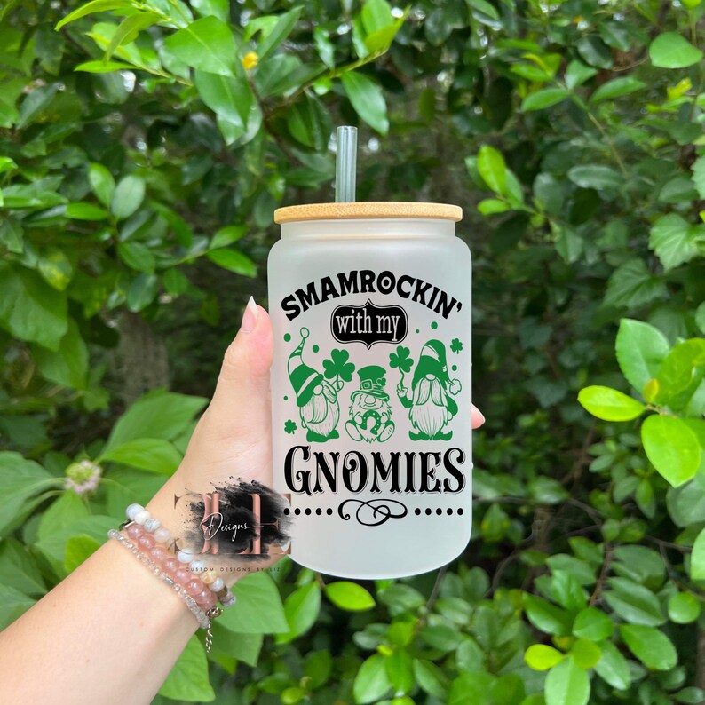 Shamrockin With My Gnomies 16oz Glass Libbey Can, Glass Cup, St Patrick's Day Cup, Funny Cup,Glass Tumbler, Cute Ice Coffee Cup, Gift Ideas