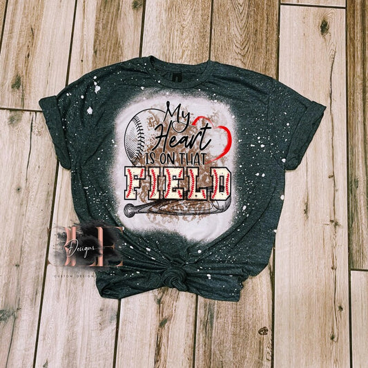 My Heart Is On The Field Bleached Tie Dye Sublimation T-Shirt, Baseball Mom Shirt,Sports Mom Bleached Tee, Baseball Season Gifts for Women
