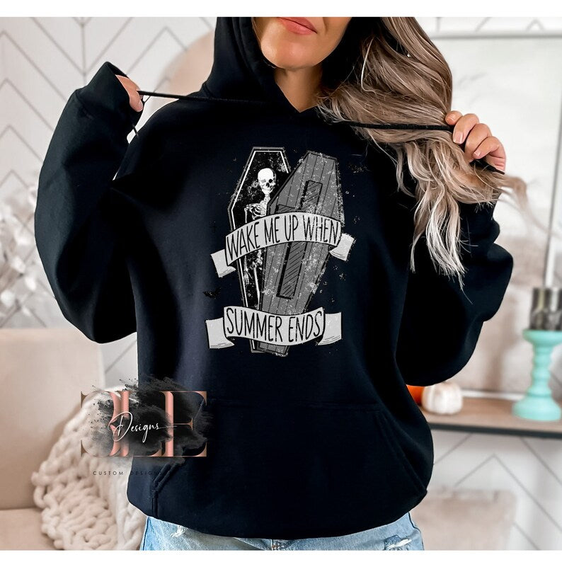 Wake Me Up When Summer Ends Halloween Hoodie, Cute Halloween Hoodie, Skeleton Hoodie For Halloween, Woman's Skeleton Pullover Hoodie