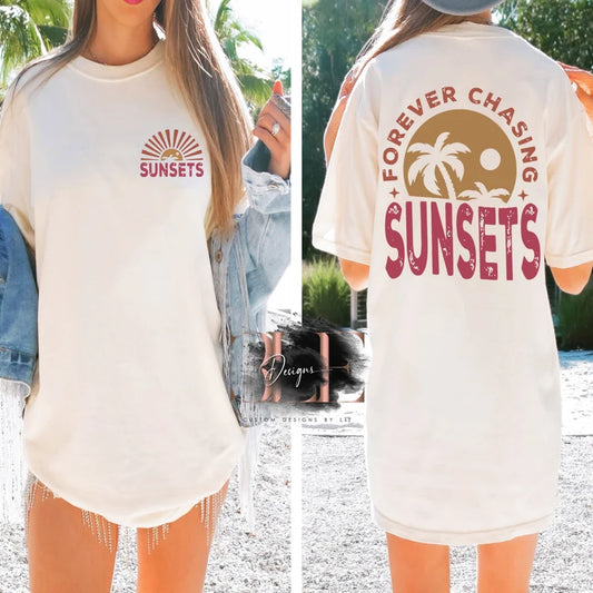 Forever Chasing Sunsets Cute Womens T-Shirt, Cute Beach Shirt, Pretty Sunset Shirt, Party Tee, Beach Girl Shirt, Beach Oversized T-shirt