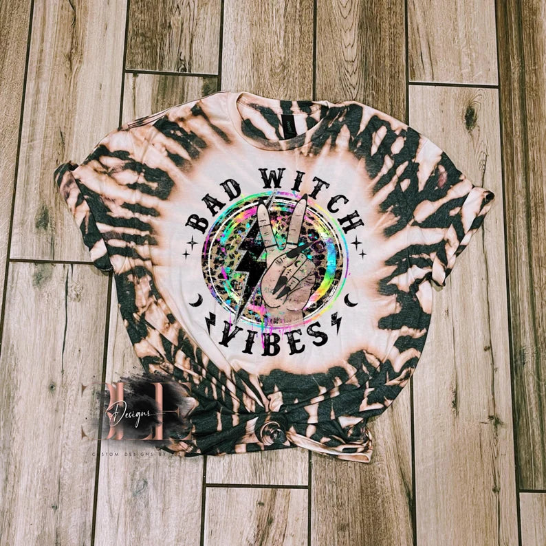 Bad Witch Vibes Tie-Dye Bleached Shirt, Cute Funny Witch Shirt, Cute Bleached Halloween Shirt, Gift Ideas for Women, Cute Party Shirt