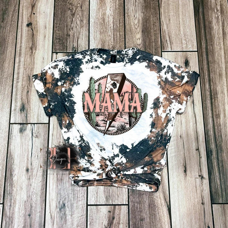 Mama Cow Print Bleached T-shirt, Country Girl Shirt Country Bleached Shirt, Country Mama Tee, Cowhide Bleached Mama T-Shirt, Gift for Friend