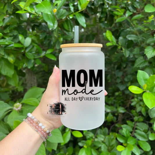 Mom Mode All Day Everyday Frosted Glass Cup with Bamboo Lid and Straw, Mom Life Ice Coffee Cup, Gift Ideas For Women, Cute Mom Glass Tumbler
