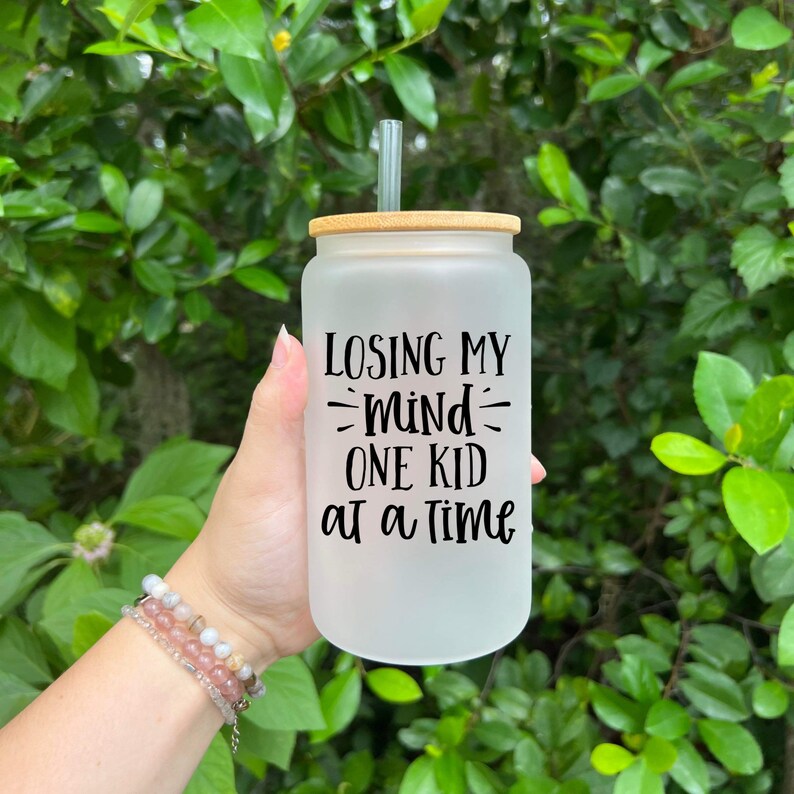 Losing My Mind One Kid At A Time Glass Tumbler With Bamboo Lid And Straw, Funny Saying on Cup, Cute Gift For Friend, Funny Gift for Mom