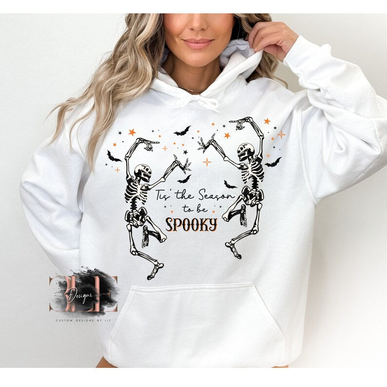 Tis The Season To Be Spooky Halloween Hoodie, Cute Fall Hoodie, Skeleton Hoodie For Halloween, Woman's Halloween Skeleton Pullover Hoodie