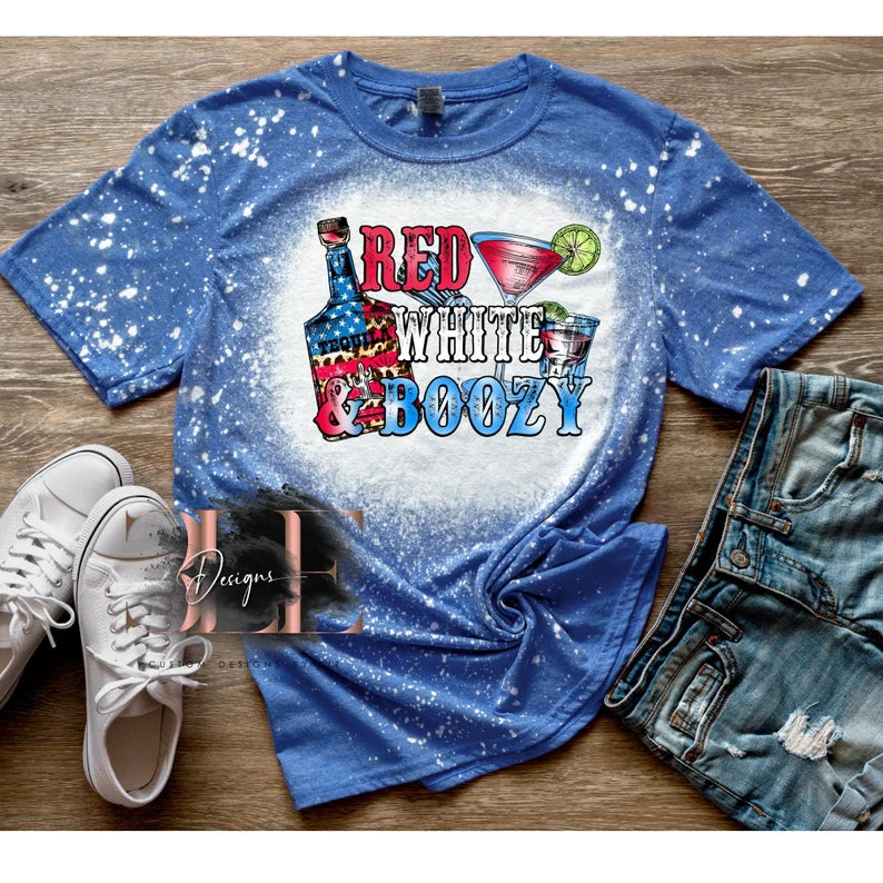 Red White and Boozy Bleached Shirt, Patriotic T-Shirt, Cute Bleached Tee, Gift For Her, 4th Of July Bleached Shirt, Independence Day Shirt