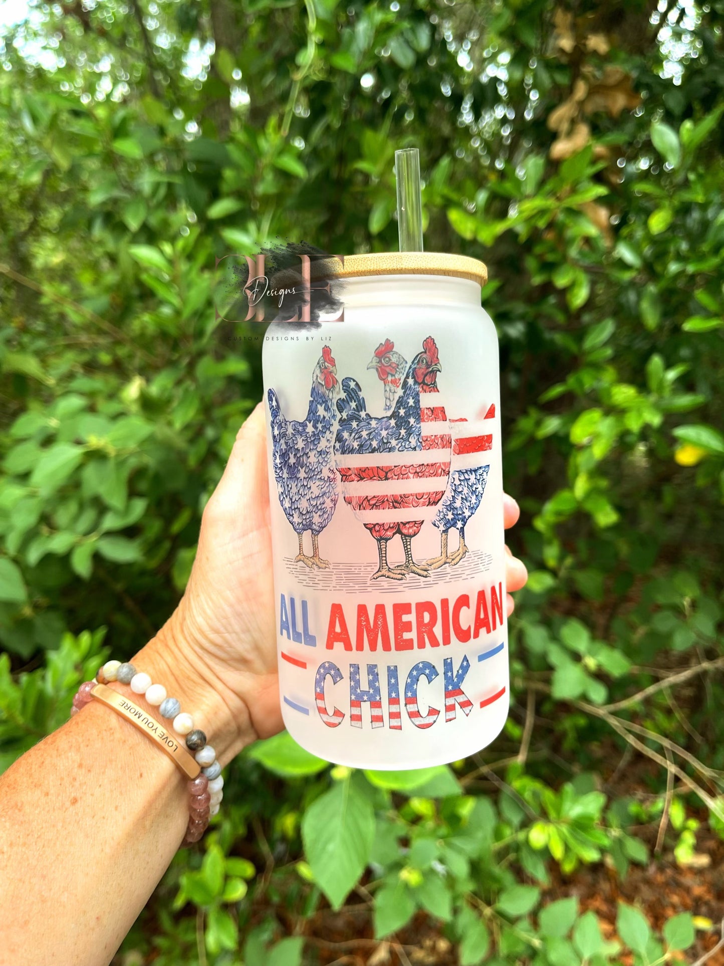 All American Chick Glass Cup, Crazy Chicken Lady Tumbler, Gift for Friend, Chicken Glass Tumbler, Patriotic Chicken Cup, Chicken Gift