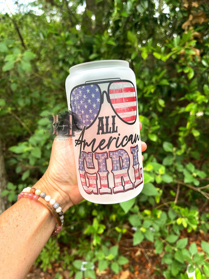 All American Girl Glass Cup With Bamboo Lid and Straw, 4th of July Cup, Memorial Day Party Cup, Glass Tumbler, Gift for Women, Patriotic Cups