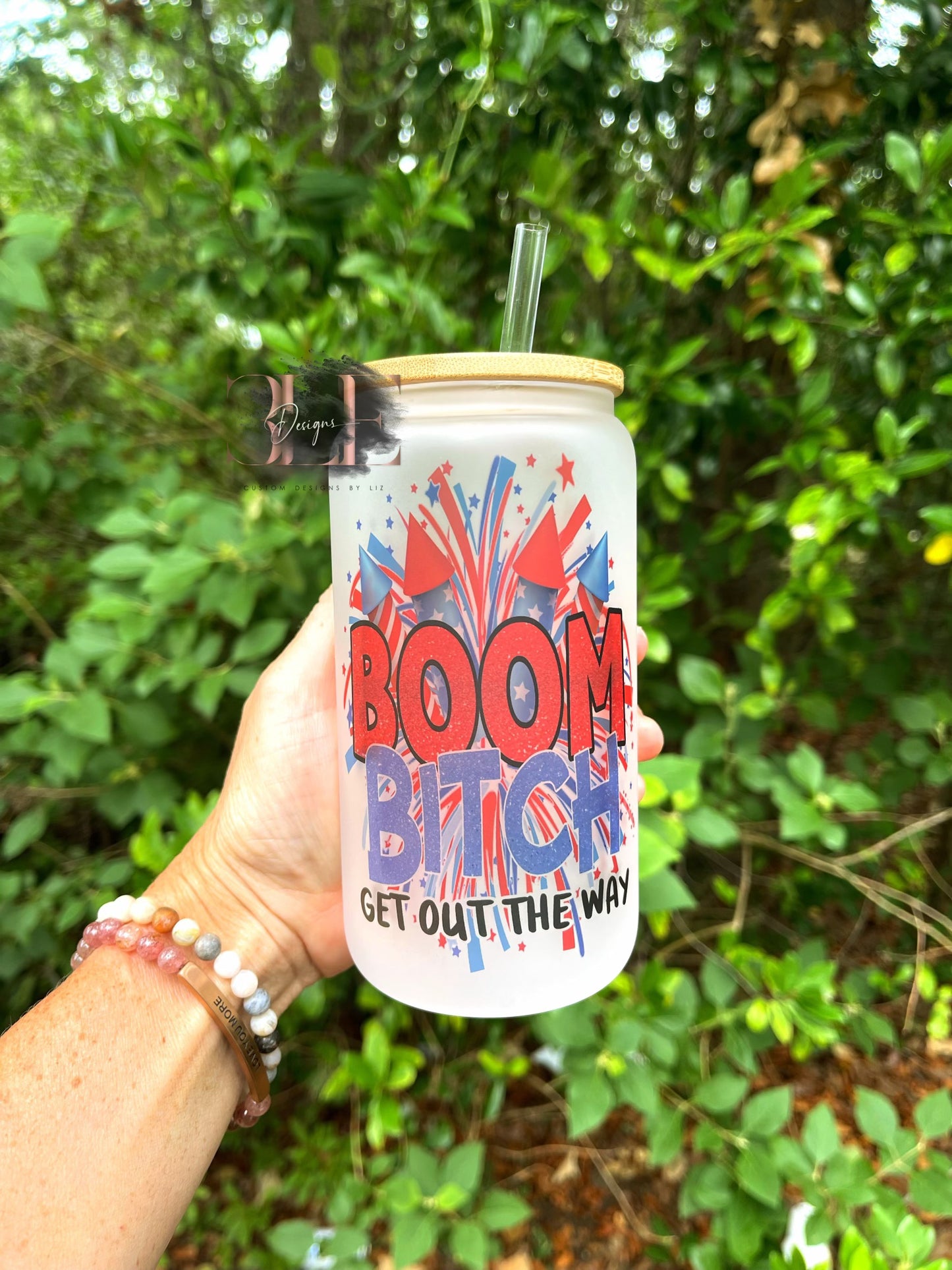 Boom Bitch Get Out the Way Glass Tumbler, Funny 4th of July Cup, Glass Cup with Bamboo Lid, Cute Patriotic cup, Funny Gift for Friend