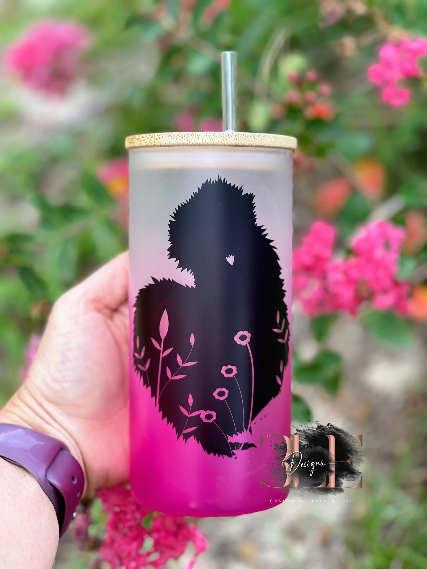 Silkie Floral Hot Pink Glass Cup With Bamboo Lid and Straw, Cute Chicken Cup, Crazy Chicken Lady Glass Tumbler, Cute Farm Gift Idea